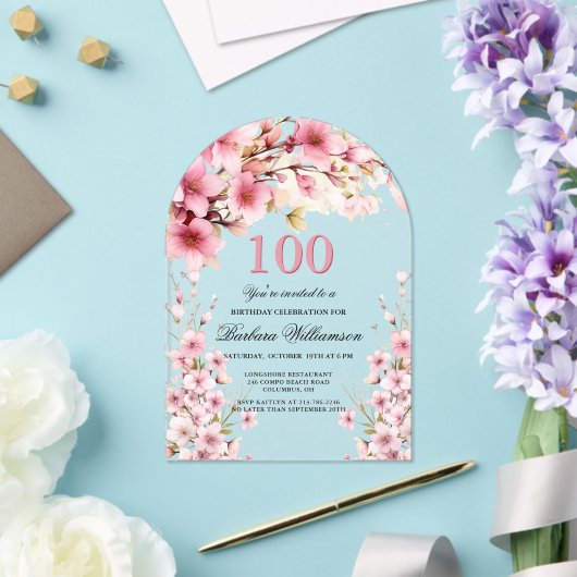 Roze Bloemboog Elegantie 100ste Verjaardagsfeest Acryl Uitnodigingen (Insitu (Huwelijk))