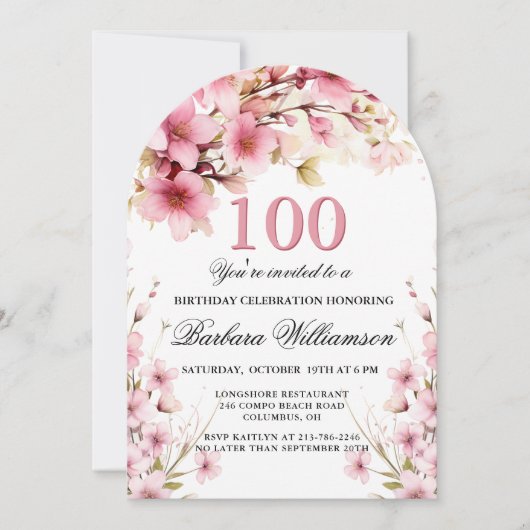 Roze Bloemboog Elegantie 100ste Verjaardagsfeest Kaart (Voorkant)