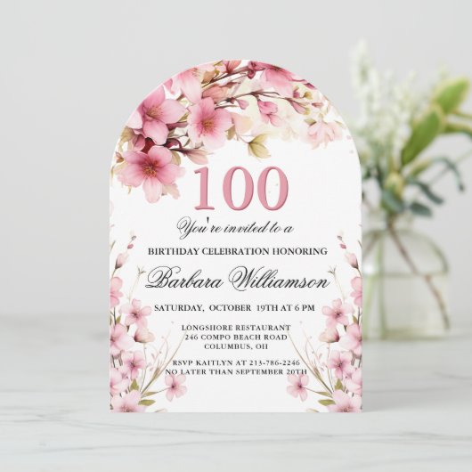 Roze Bloemboog Elegantie 100ste Verjaardagsfeest Kaart (Staand voorkant)