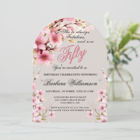 Roze Bloemboog Elegantie 50 & Fab Verjaardagsfeest Kaart