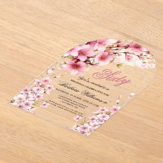 Roze Bloemboog Elegantie 60e Verjaardagsfeest Acryl Uitnodigingen (Laagn)