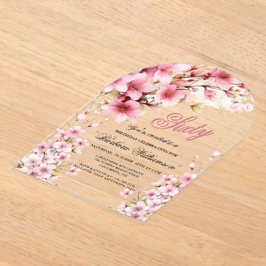 Roze Bloemboog Elegantie 60ste Verjaardagsfeest Acryl Uitnodigingen (Laagn)