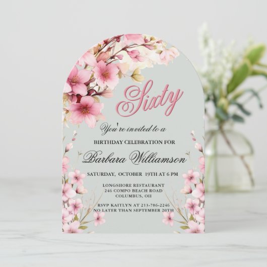 Roze Bloemboog Elegantie 60ste Verjaardagsfeest Kaart (Staand voorkant)