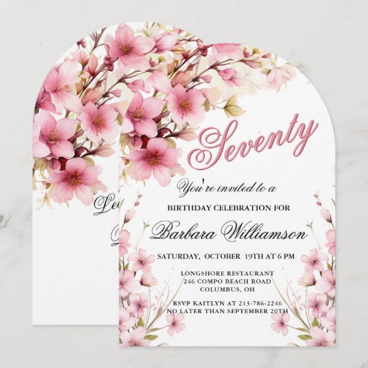 Roze Bloemboog Elegantie 70ste Verjaardag Party Kaart (Voorkant / Achterkant)