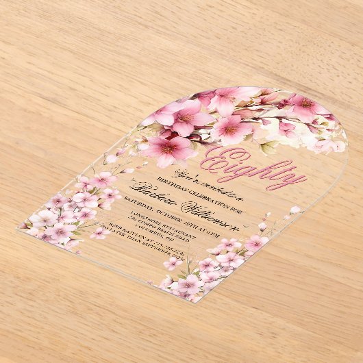 Roze Bloemboog Elegantie 80ste Verjaardag Party Acryl Uitnodigingen (Laagn)