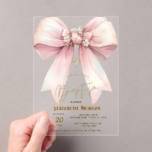 Roze bloemboog gouden kruis Doop Acryl Uitnodigingen