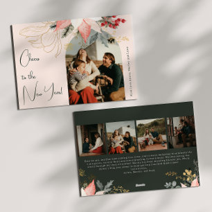 Roze Bloemboog juicht voor de New Year Five foto Feestdagenkaart