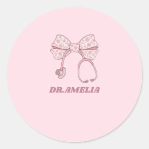Roze bloemboog stethoscoop Dokter naam ontwerp Ronde Sticker