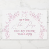 Roze Bloemboog Toile Teddy Bear Baby shower Sparkling Wijnetiket (Enkel label)