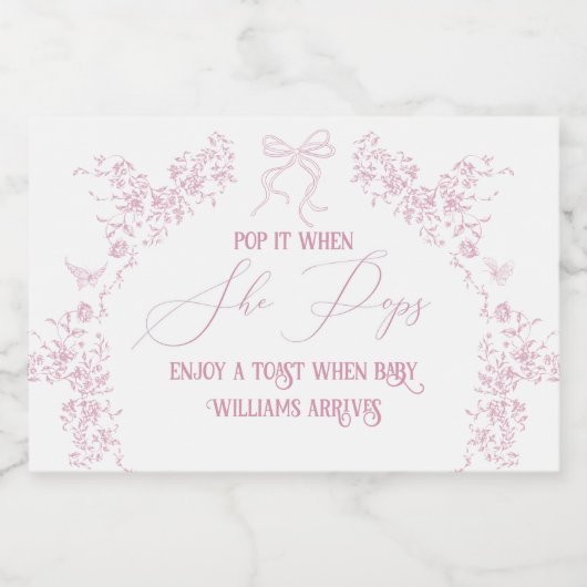 Roze Bloemboog Toile Teddy Bear Baby shower Sparkling Wijnetiket (Enkel label)