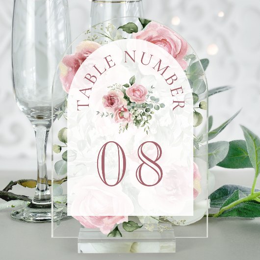 Roze bloemboog trouwacryl tafelnummer