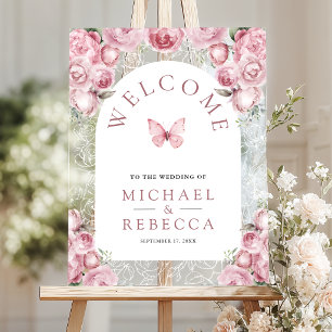 Roze Bloemboog Vlinder Bruiloft Verwelkoming Acryl Bord