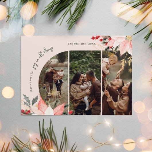 Roze Bloemboog Vreugde In Alles Drie Foto's Feestdagenkaart