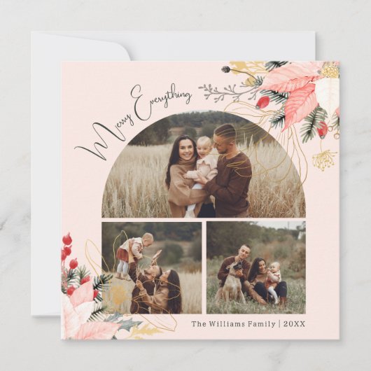 Roze Bloemboog Vrolijk Alles Drie Foto's Feestdagenkaart (Voorkant)