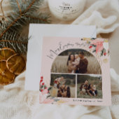 Roze Bloemboog Vrolijk Alles Drie Foto's Feestdagenkaart