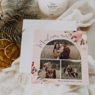 Roze Bloemboog Vrolijk Alles Drie Foto's Feestdagenkaart