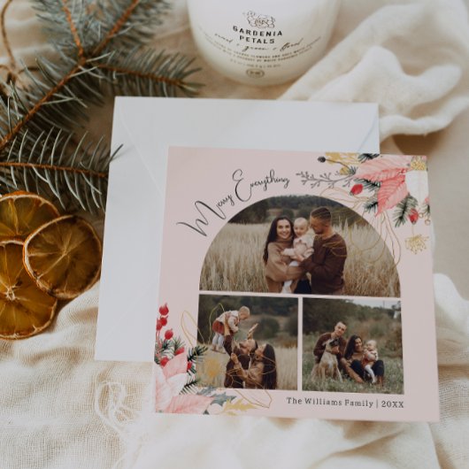 Roze Bloemboog Vrolijk Alles Drie Foto's Feestdagenkaart