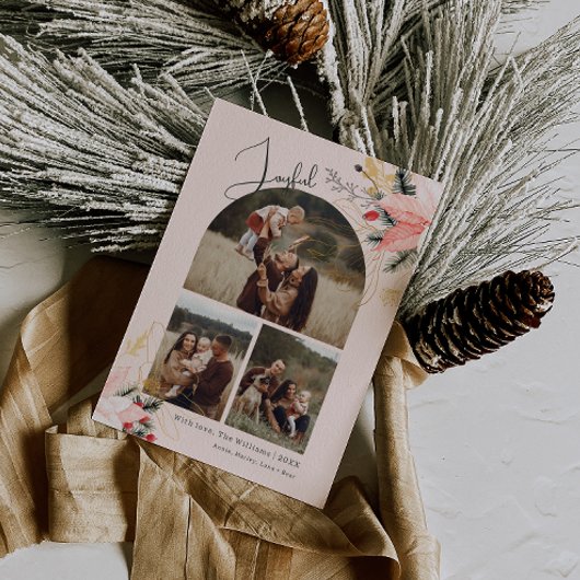 Roze Bloemboog Vrolijk Drie Foto Kerstmis Feestdagenkaart