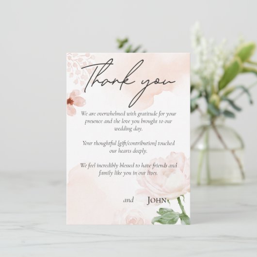 Roze bloembruiloft bedankkaart (Staand voorkant)
