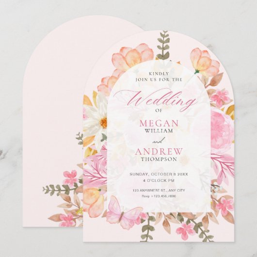 Roze bloembruiloft kaart (Voorkant / Achterkant)