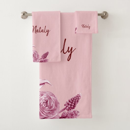 Roze bloemcomposiet met naam bad handdoek (Insitu)