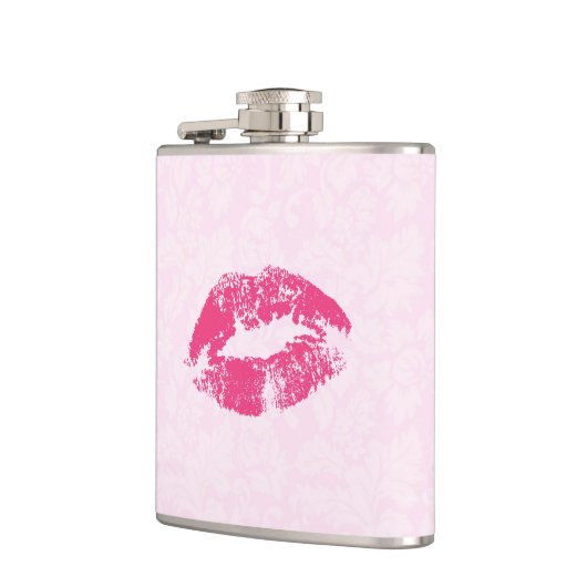 Roze bloemdamast en lippen heupfles (Links)