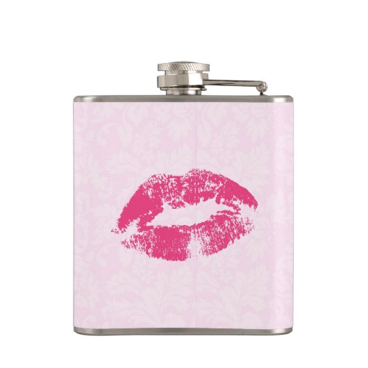 Roze bloemdamast en lippen heupfles (Achterkant)