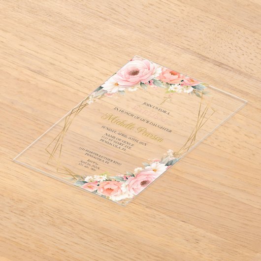 Roze bloemdoop acryl uitnodigingen (Laagn)