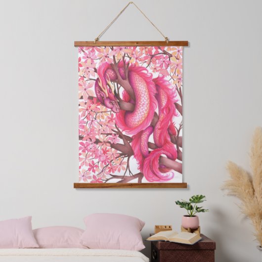 Roze bloemdraak hangend wandkleed (Slaapkamer)