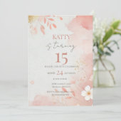 Roze Bloemen 15e verjaardag Uitnodiging (Staand voorkant)