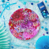 Roze bloemen 16e verjaardag papieren bordje (Feest)