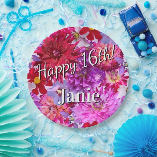 Roze bloemen 16e verjaardag papieren bordje (Feest)