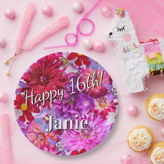 Roze bloemen 16e verjaardag papieren bordje (Feest)