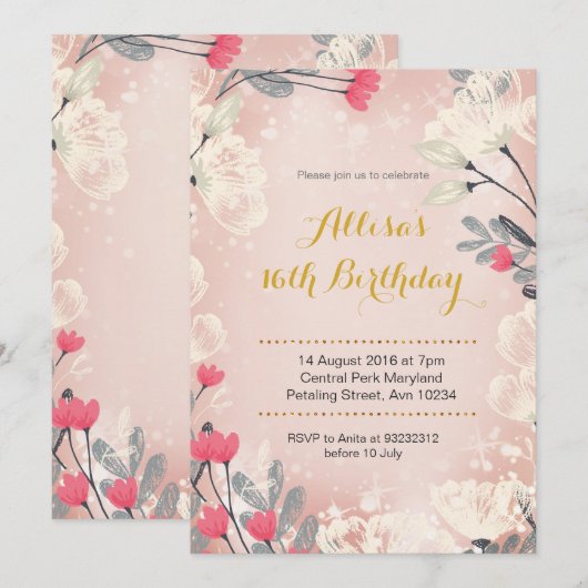 Roze Bloemen 16e Verjaardag Uitnodiging (elke leef (Voorkant / Achterkant)