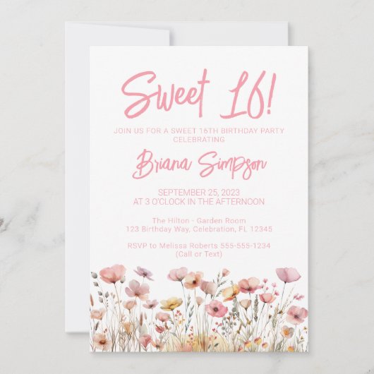 Roze Bloemen 16e Verjaardagsfeest Kaart (Voorkant)