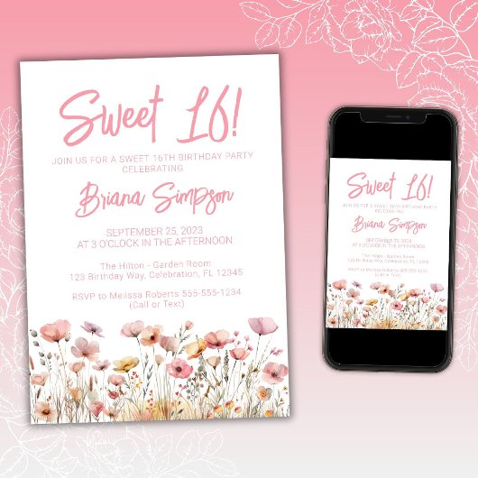 Roze Bloemen 16e Verjaardagsfeest Kaart