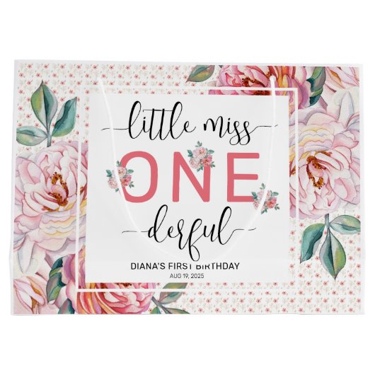 Roze Bloemen 1e Verjaardag Glossy Groot Cadeauzakje (Achterkant)