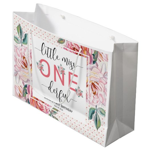 Roze Bloemen 1e Verjaardag Glossy Groot Cadeauzakje (Voorkant Gekanteld)