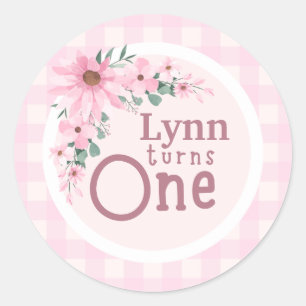 Roze bloemen 1e verjaardag sticker