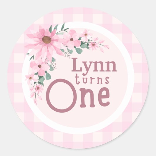 Roze bloemen 1e verjaardag sticker (Voorkant)