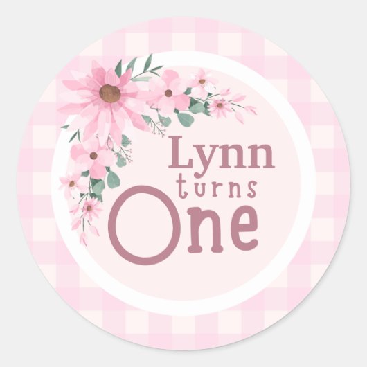 Roze bloemen 1e verjaardag sticker (Voorkant)