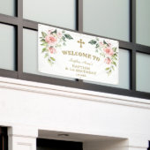 Roze bloemen 1st Birthday Baptism Welkomstteken Spandoek (Buitenkant Gebouw)