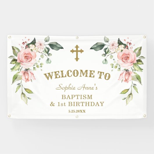 Roze bloemen 1st Birthday Baptism Welkomstteken Spandoek (Horizontaal)