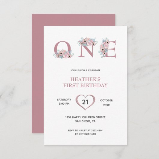 Roze bloemen 1st Birthday Kaart (Voorkant / Achterkant)