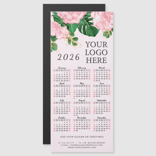 Roze Bloemen 2025 Kalender Magneet Toevoegen Busin (Voorkant / Achterkant)