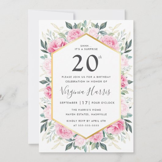 Roze Bloemen 20ste verjaardag Uitnodiging (Voorkant)