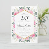 Roze Bloemen 20ste verjaardag Uitnodiging (Staand voorkant)