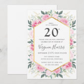 Roze Bloemen 20ste verjaardag Uitnodiging (Voorkant / Achterkant)