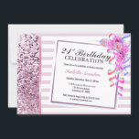 Roze Bloemen 21ste Verjaardagsfeest Kaart<br><div class="desc">Een moderne 21e verjaardag uitnodiging met stoffige roze sequenties en strepen. Een vers uniek ontwerp met roze bloemen en wimpels die de hoek verstellen voor een feestelijk gevoel. De tekst is gemakkelijk aanpasbaar voor u om uw eigen details voor uw speciale gebeurtenis te omvatten.</div>