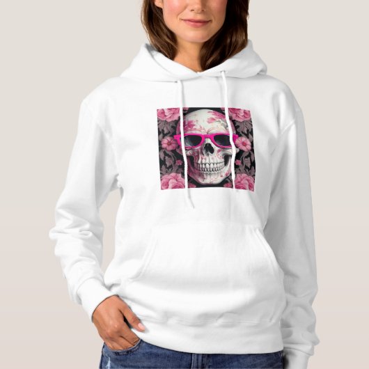 Roze Bloemen 3D Dode Schedel met zonnebril Hoodie (Voorkant)